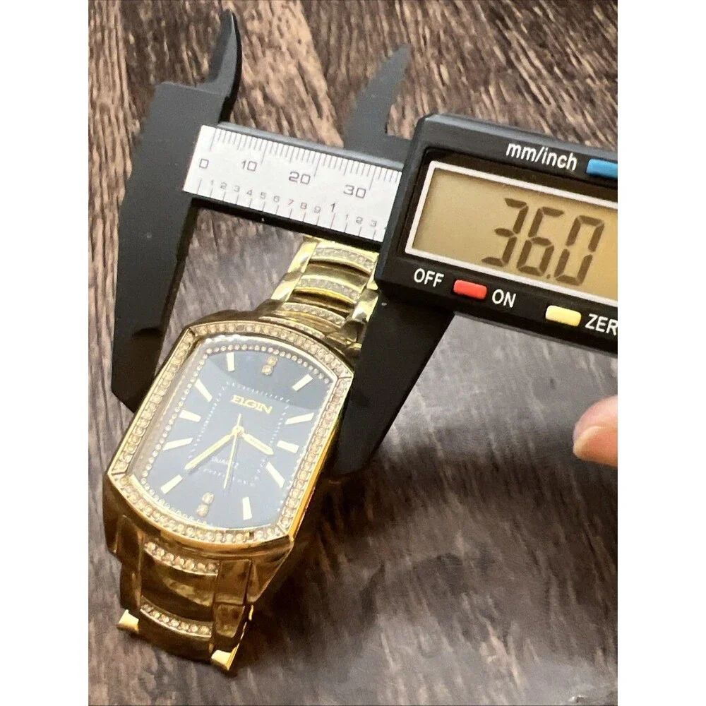 Mens Gold Tone Bling Iced CZ Elgin Rectangle Dress Analog Watch New Battery